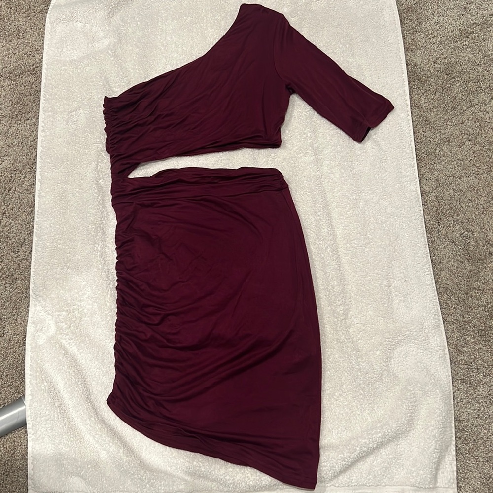 Burgundy one shoulder asymmetrical dress